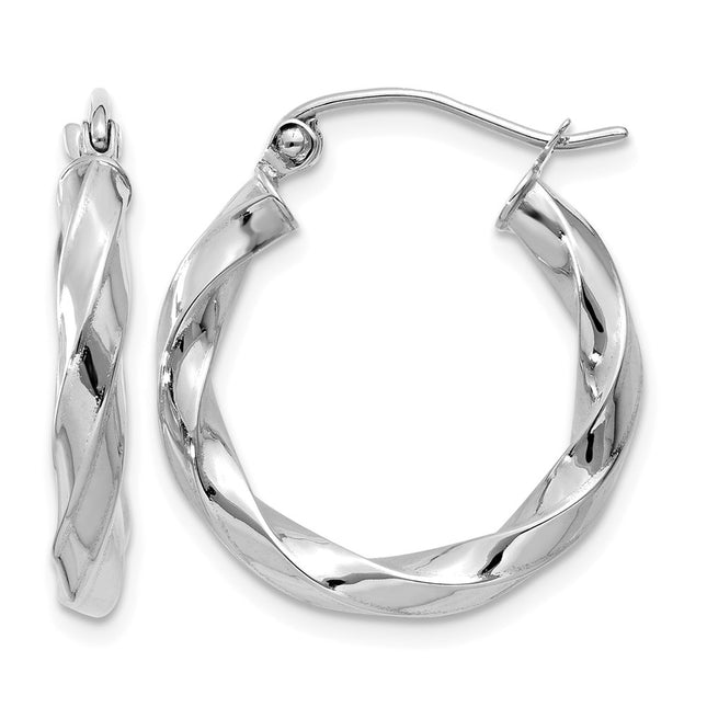 14k White Gold Twisted Hoop Earrings, 18.5 x 3mm