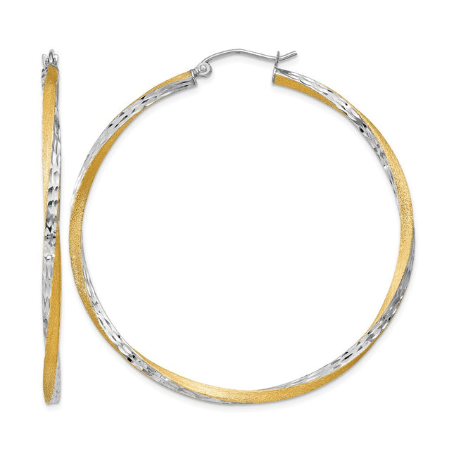 14k & Rhodium Diamond-cut Twisted Hoop Earrings, 50 x 2.5mm