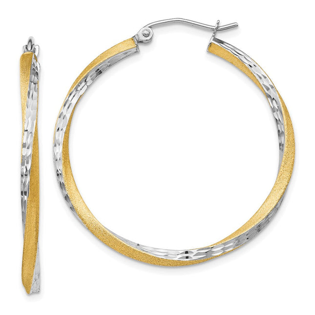 14k & Rhodium Diamond-cut Twisted Hoop Earrings, 35 x 2.5mm