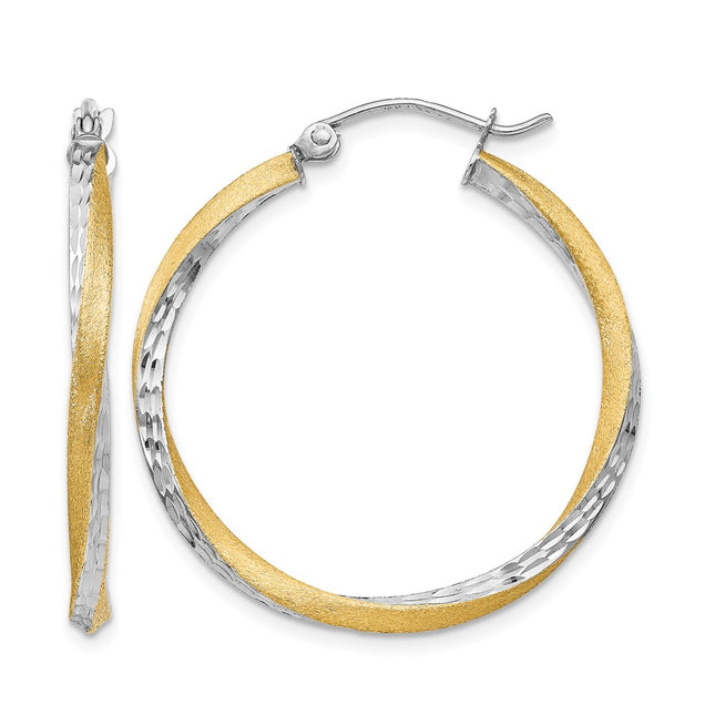 14k & Rhodium Diamond-cut Twisted Hoop Earrings, 30 x 2.5mm
