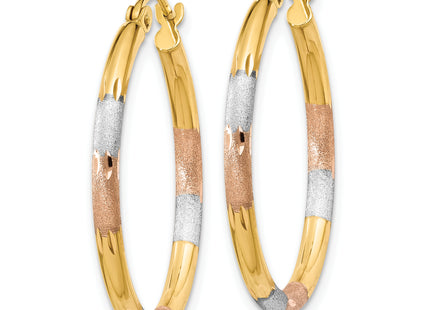 14K w/White and Rose Rhodium Satin & D/C Hoop Earrings, 22 x 2mm