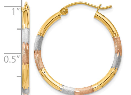 14K w/White and Rose Rhodium Satin & D/C Hoop Earrings, 22 x 2mm