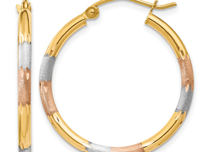 14K w/White and Rose Rhodium Satin & D/C Hoop Earrings, 22 x 2mm