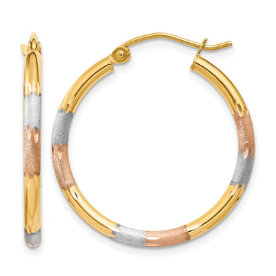 14K w/White and Rose Rhodium Satin & D/C Hoop Earrings, 22 x 2mm