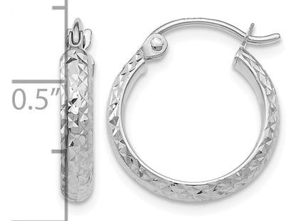 14K White Gold Diamond-cut 2. Hollow Hoop Earrings, 15 x 2.5mm