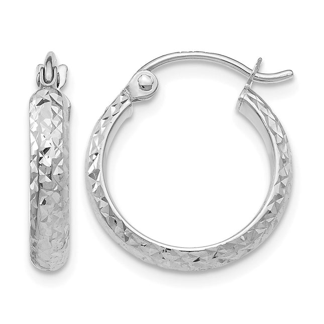 14K White Gold Diamond-cut 2. Hollow Hoop Earrings, 15 x 2.5mm