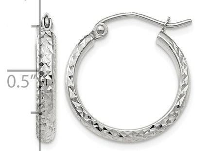 14K White Gold Diamond-cut 2. Hollow Hoop Earrings, 18 x 2.5mm