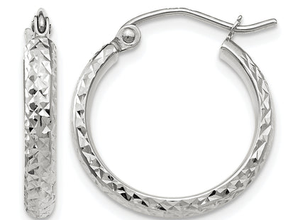 14K White Gold Diamond-cut 2. Hollow Hoop Earrings, 18 x 2.5mm