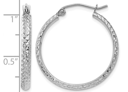14K White Gold Diamond-cut 2. Hollow Hoop Earrings, 25 x 2.5mm
