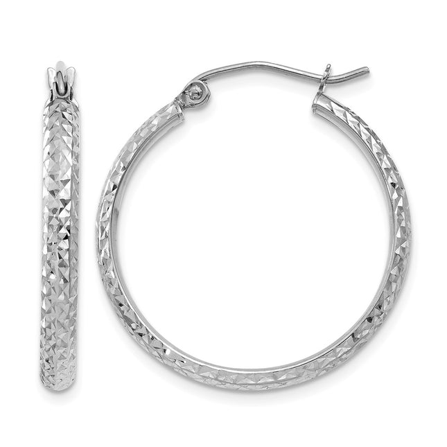 14K White Gold Diamond-cut 2. Hollow Hoop Earrings, 25 x 2.5mm