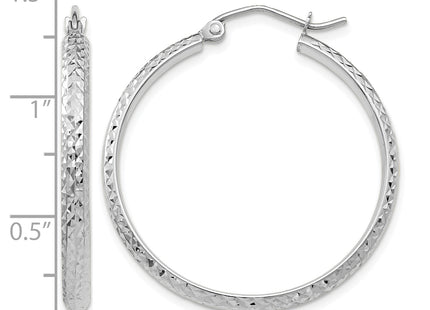 14K White Gold Diamond-cut 2. Hollow Hoop Earrings, 30 x 2.5mm