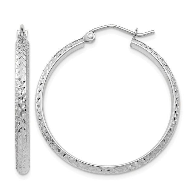 14K White Gold Diamond-cut 2. Hollow Hoop Earrings, 30 x 2.5mm