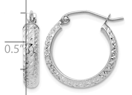 14K White Gold Diamond-cut 3. Hollow Hoop Earrings, 17 x 3.5mm