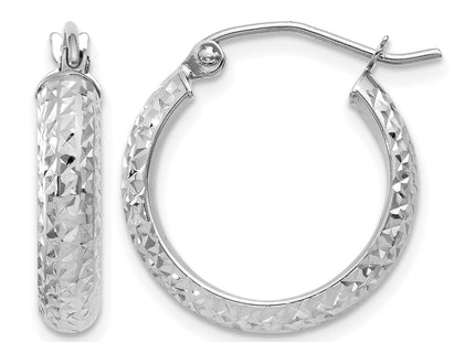 14K White Gold Diamond-cut 3. Hollow Hoop Earrings, 17 x 3.5mm