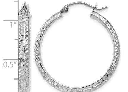 14K White Gold Diamond-cut 3. Hollow Hoop Earrings, 28 x 3.5mm