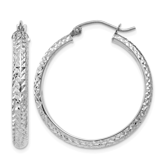 14K White Gold Diamond-cut 3. Hollow Hoop Earrings, 28 x 3.5mm