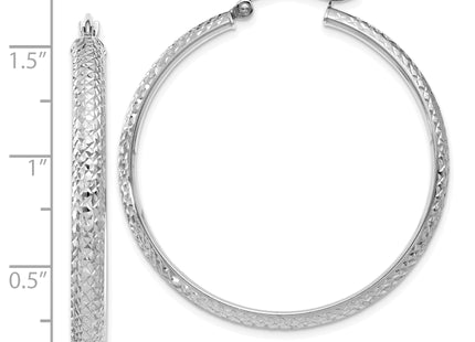 14K White Gold Diamond-cut 3. Hollow Hoop Earrings, 38 x 3.5mm