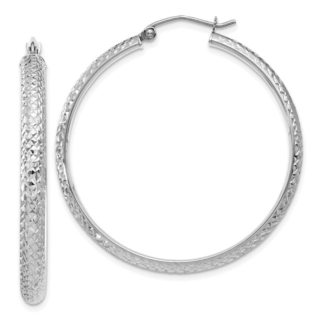 14K White Gold Diamond-cut 3. Hollow Hoop Earrings, 38 x 3.5mm