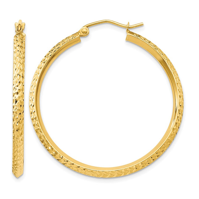 14K Knife Edge Diamond-cut Hollow Hoop Earrings, 35 x 2.5mm
