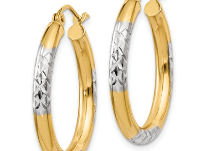 14K and Rhodium Diamond-cut Hoop Earrings, 25 x 3mm