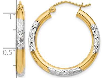 14K and Rhodium Diamond-cut Hoop Earrings, 25 x 3mm