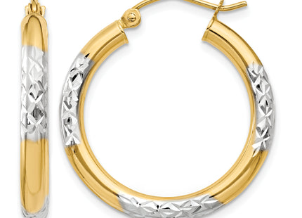 14K and Rhodium Diamond-cut Hoop Earrings, 25 x 3mm