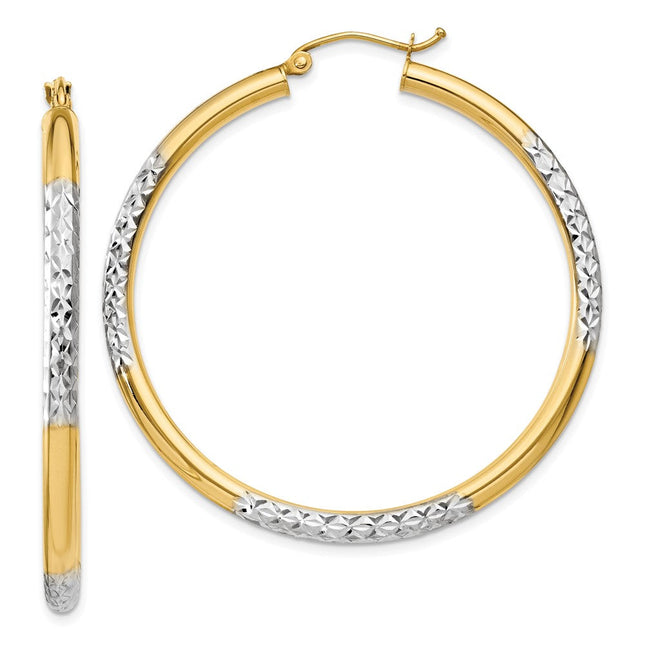 14K and Rhodium Diamond-cut Hoop Earrings, 45 x 3mm (C832)