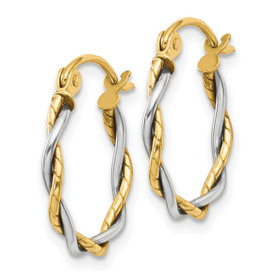 14K Two-tone Polished Twisted Hoop Earrings, 12 x 1.8mm