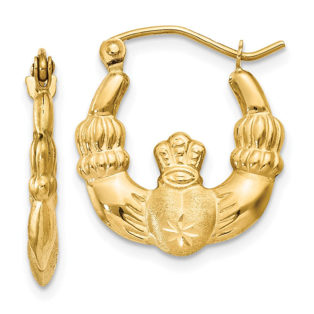 14k Polished and Satin Claddagh Hoop Earrings, 19 x 2.5mm
