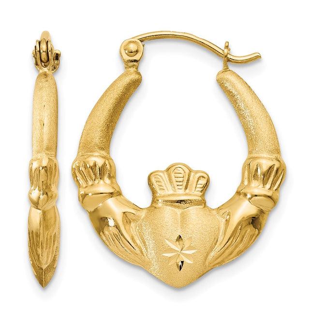 14k Polished and Satin Claddagh Hoop Earrings, 22.5 x 3.25mm