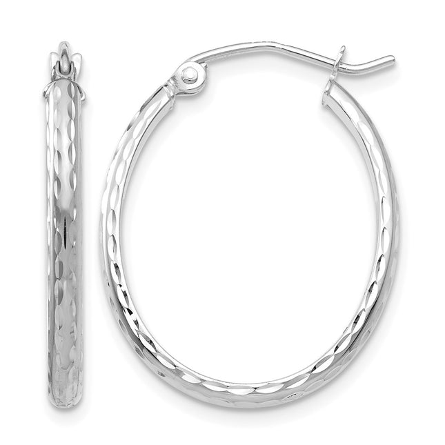 14k White Gold Lightweight Diamond-cut Oval Hoop Earrings, 25 x 2.5mm