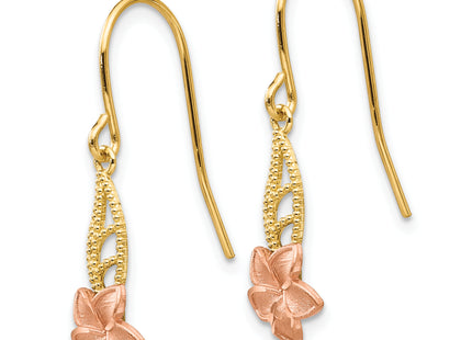14K Two-tone Fancy Plumeria Dangle Earrings, 24 x 7mm