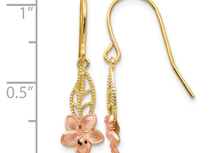 14K Two-tone Fancy Plumeria Dangle Earrings, 24 x 7mm