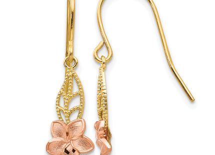 14K Two-tone Fancy Plumeria Dangle Earrings, 24 x 7mm