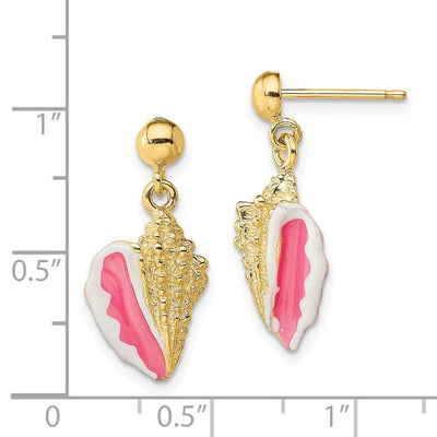 14K White and Pink Enamel Conch Shell Dangle Earrings, 15.1 x 10.7mm
