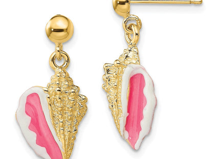 14K White and Pink Enamel Conch Shell Dangle Earrings (Style TE678)