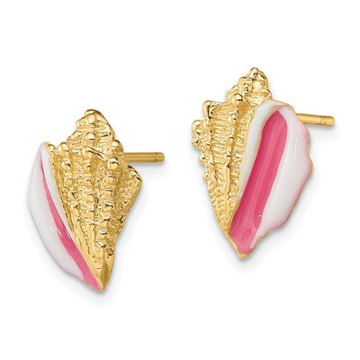 14K White and Pink Enamel Conch Shell Post Earrings, 13.9 x 10.3mm