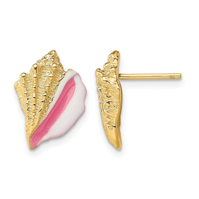 14K White and Pink Enamel Conch Shell Post Earrings, 13.9 x 10.3mm