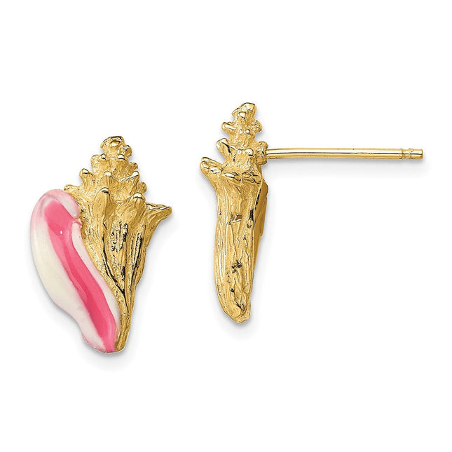 14K White and Pink Enamel Conch Shell Post Earrings, 15.4 x 9.4mm