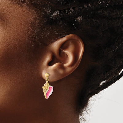 14K White and Pink Enamel Conch Shell Dangle Earrings, 15.6 x 10.1mm