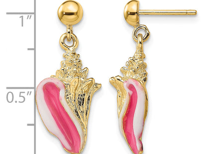 14K White and Pink Enamel Conch Shell Dangle Earrings, 15.6 x 10.1mm