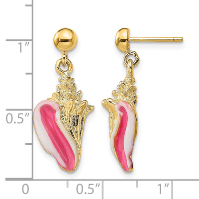 14K White and Pink Enamel Conch Shell Dangle Earrings, 15.6 x 10.1mm