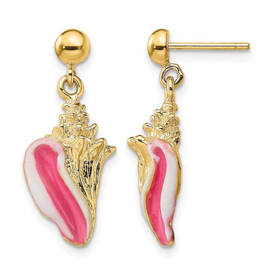 14K White and Pink Enamel Conch Shell Dangle Earrings, 15.6 x 10.1mm