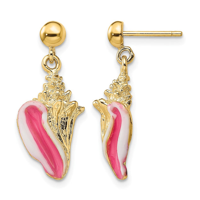 14K White and Pink Enamel Conch Shell Dangle Earrings, 15.6 x 10.1mm