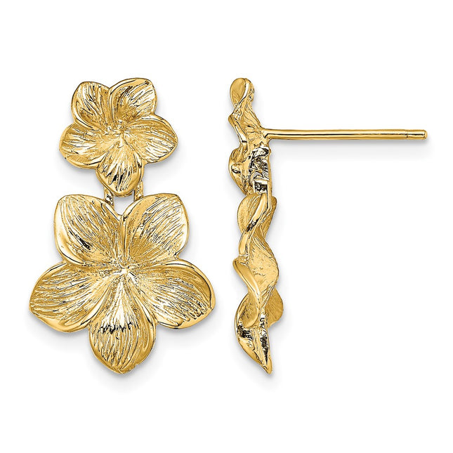 14K Double Plumeria Flower Post Dangle Earrings, 20 x 12.7mm