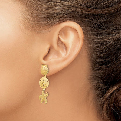 14K Shell, Sand Dollar ,Starfish Post Dangle Earrings