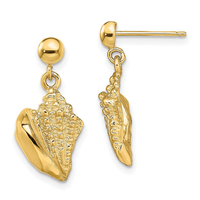 14K Conch Shell Dangle Earrings, 22.35 x 10.9mm