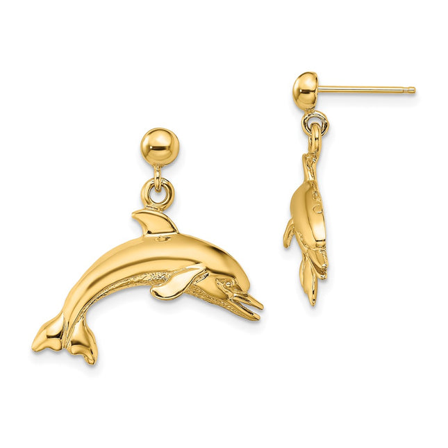14K Jumping Dolphin Dangle Earrings, 23.2 x 24.3mm