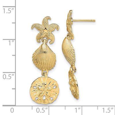 14K Starfish, Shell ,Sand Dollar Dangle Earrings