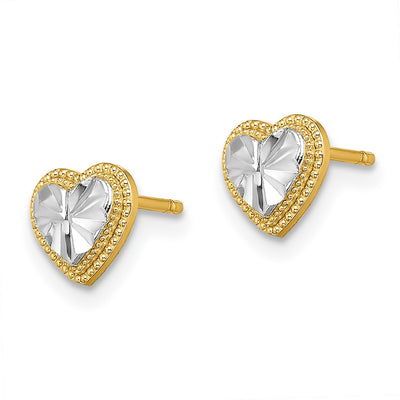 14K w/ Rhodium D/C Heart Post Earrings, 6.55 x 6.9mm